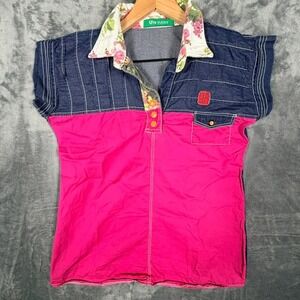 U're yuppy Womens Blouse Top Shirt Pink Blue Denim Floral Colorblock Western‎
